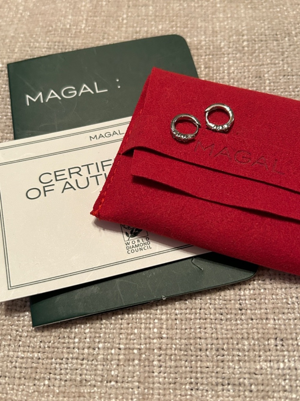 Magal Jewelry 3 Dot Diamond Huggie earrings, 14K white gold, NEW